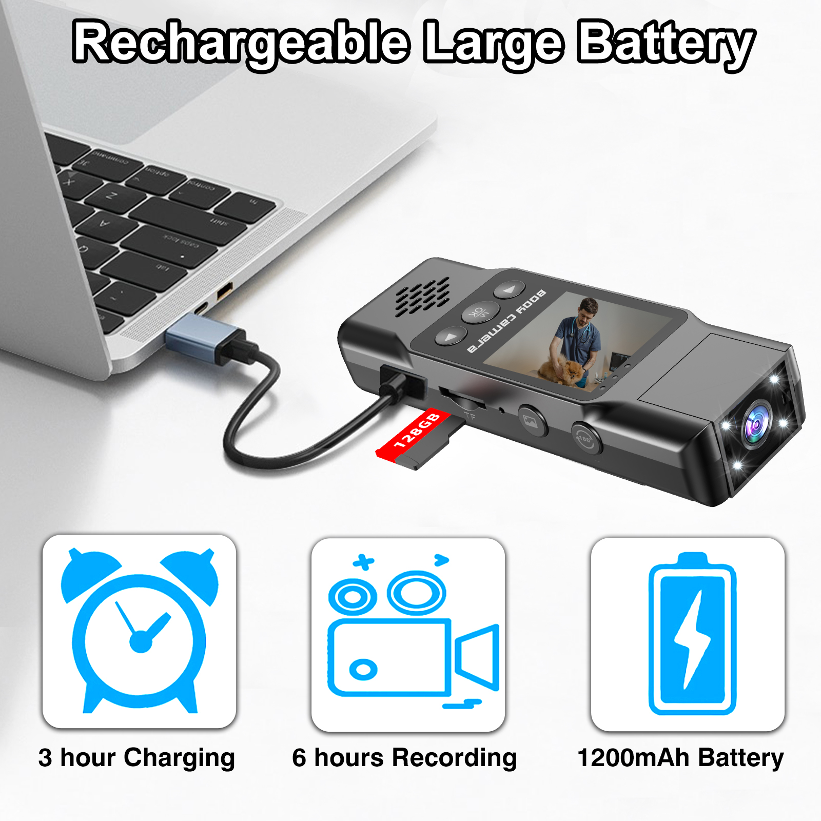 Bodycam Wi-Fi L13, batteria da 1200 mAh, 6 ore di registrazione